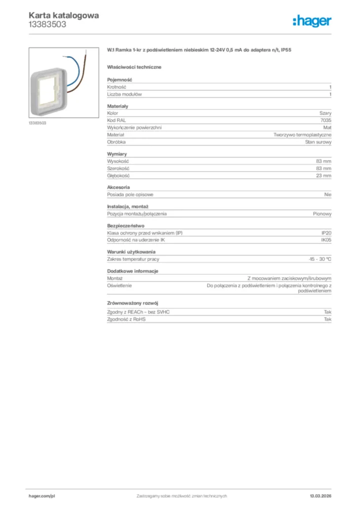 Zdjęcie Hager Karta katalogowa 13383503 | Hager Polska