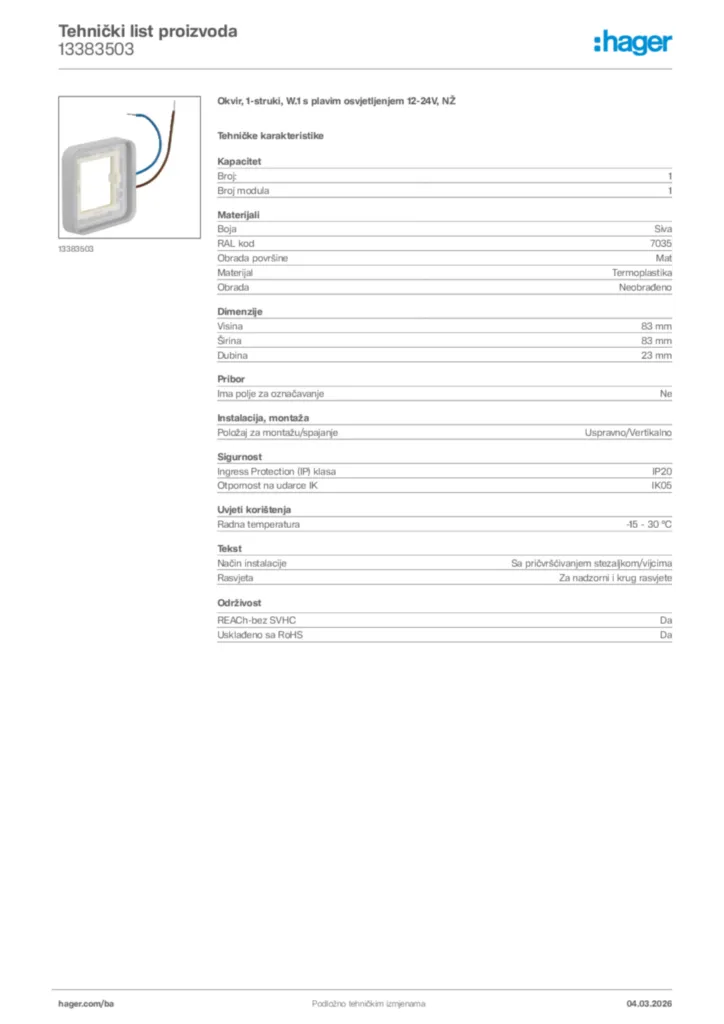 Slika Hager Tehnički list proizvoda 13383503  | Hager