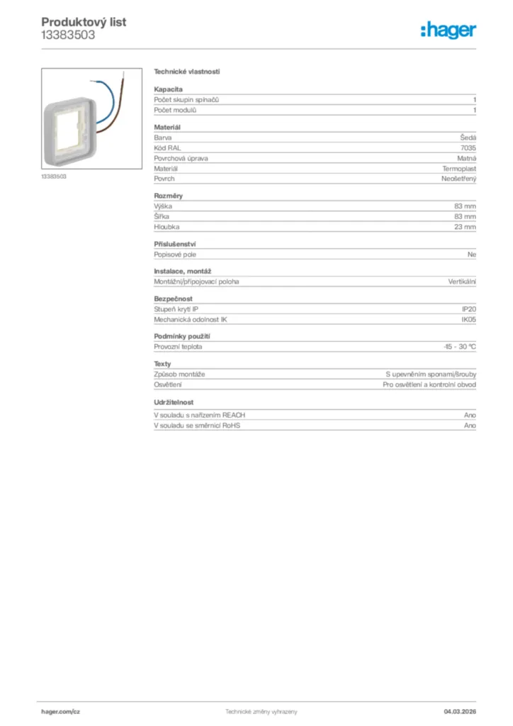 Obrázek Hager Product data sheet 13383503 | Hager