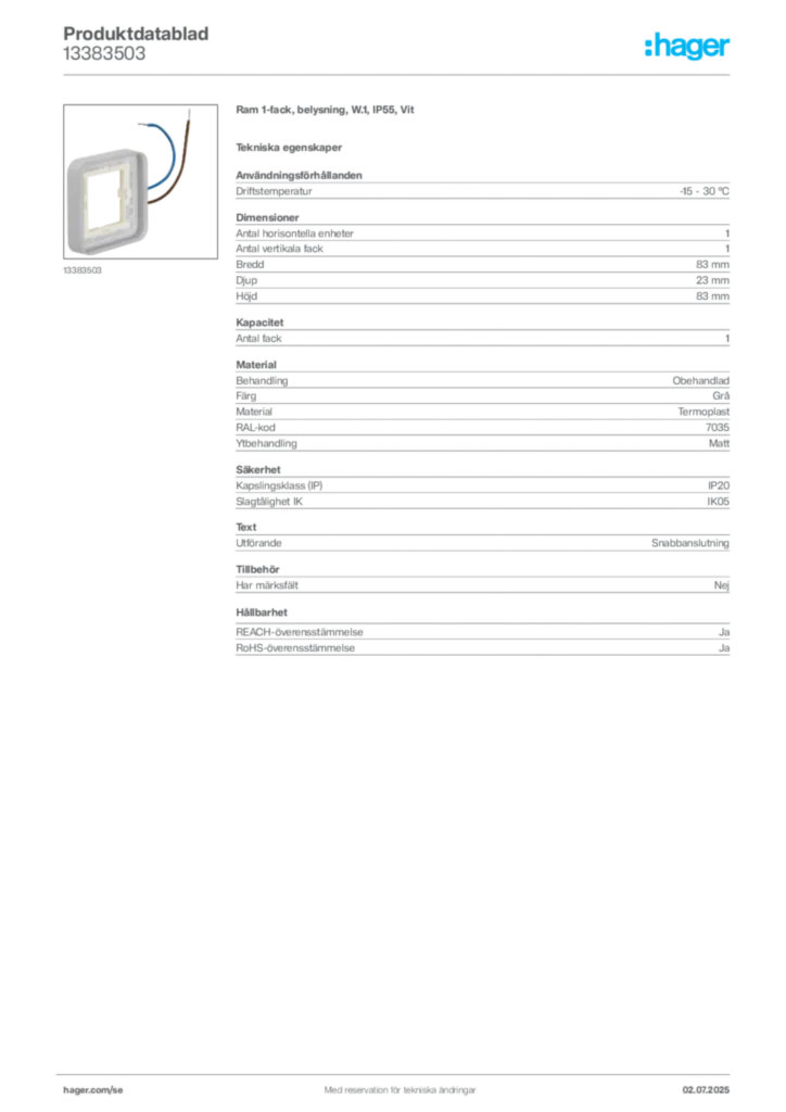 Bild Hager Produktdatablad 13383503 | Hager Sverige