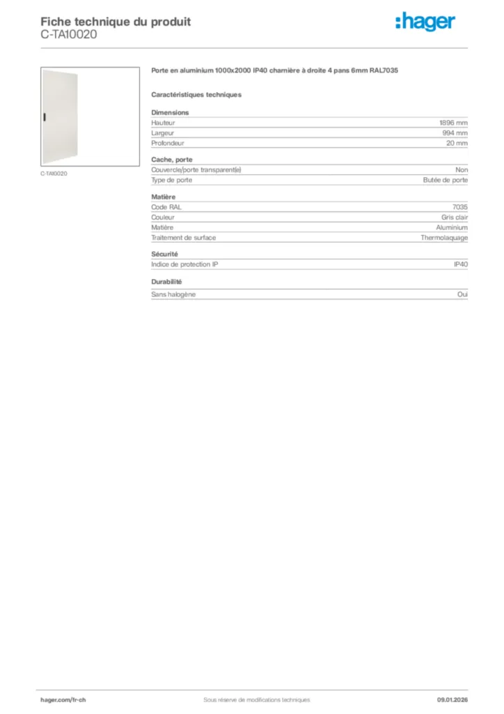 Image Hager Fiche technique du produit C-TA10020 | Hager Suisse