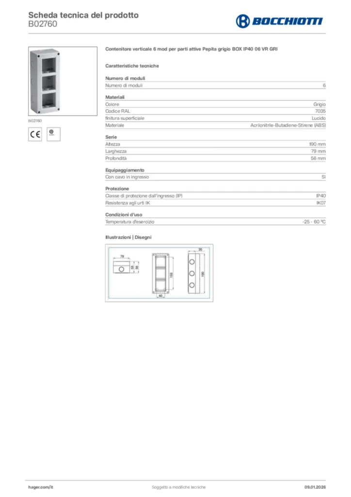 Immagine Bocchiotti Scheda tecnica del prodotto B02760 | Hager Italia