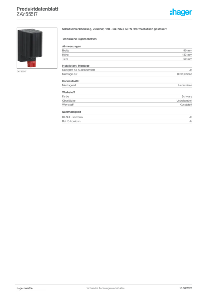 Bild Hager Produktdatenblatt ZAY55517 | Hager Deutschland