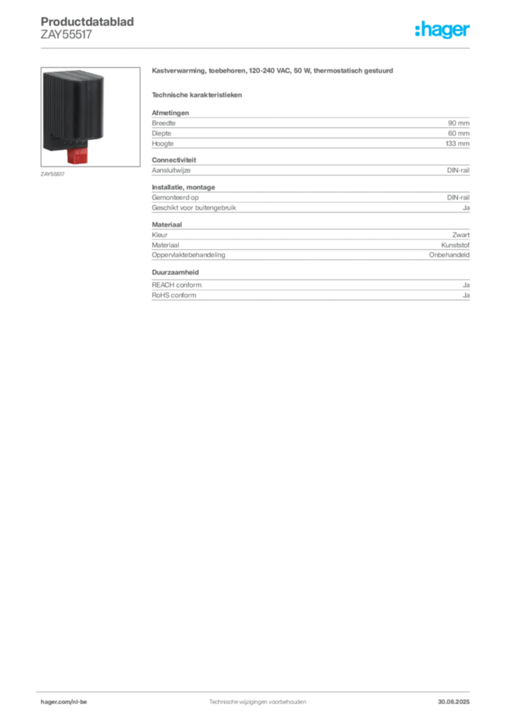 Afbeelding Hager Productdatablad ZAY55517 | Hager Belgium