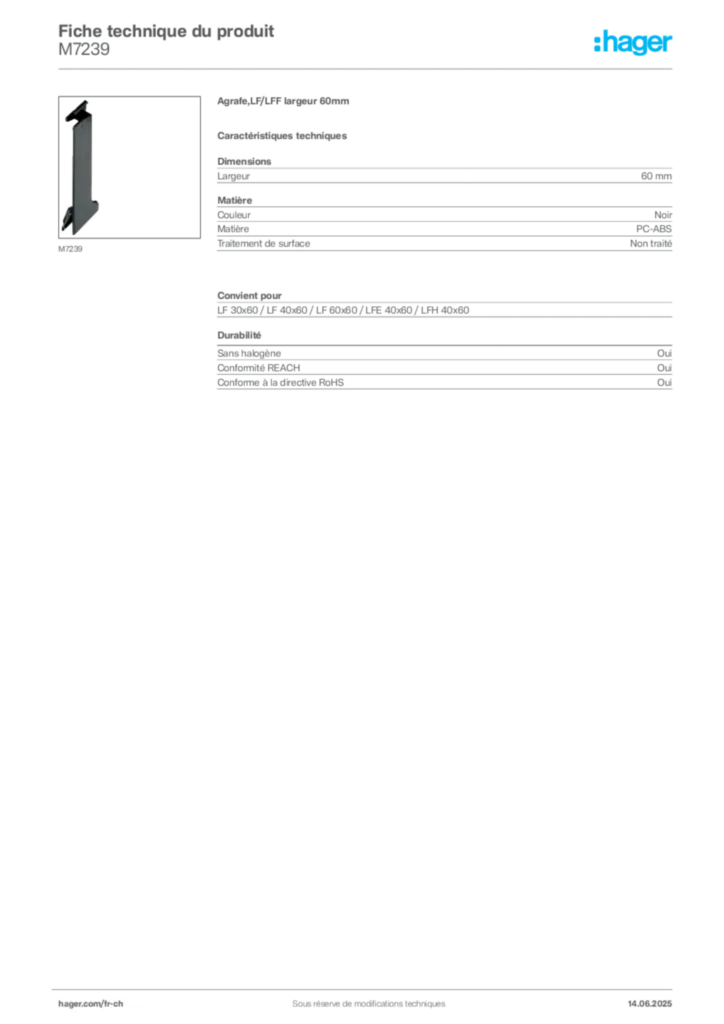 Image Hager Fiche technique du produit M7239 | Hager Suisse