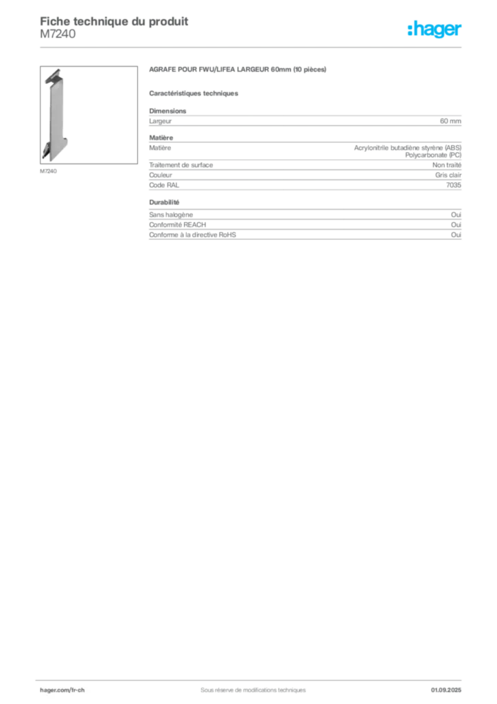 Image Hager Fiche technique du produit M7240 | Hager Suisse