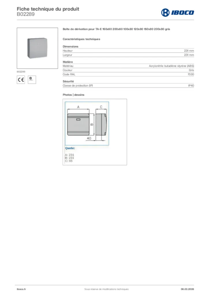 Image Iboco Fiche technique du produit B02289 | Hager France