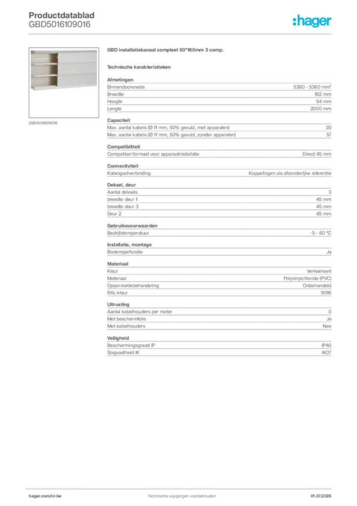 Afbeelding Hager Productdatablad GBD5016109016 | Hager Belgium