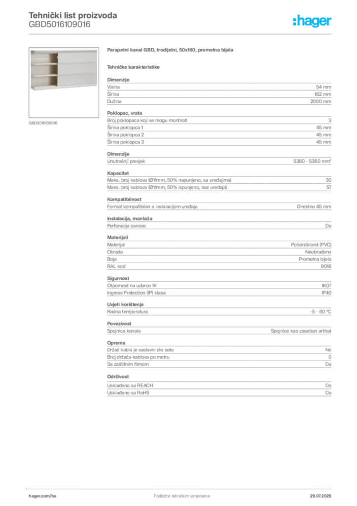 Slika Hager Product data sheet GBD5016109016  | Hager