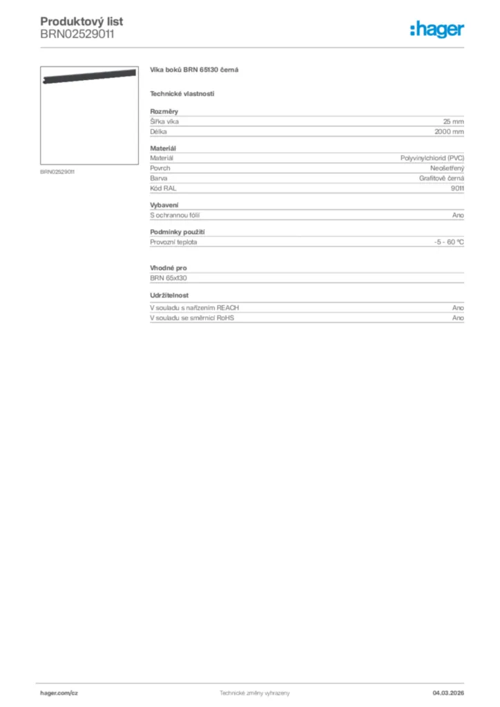 Obrázek Hager Product data sheet BRN02529011 | Hager