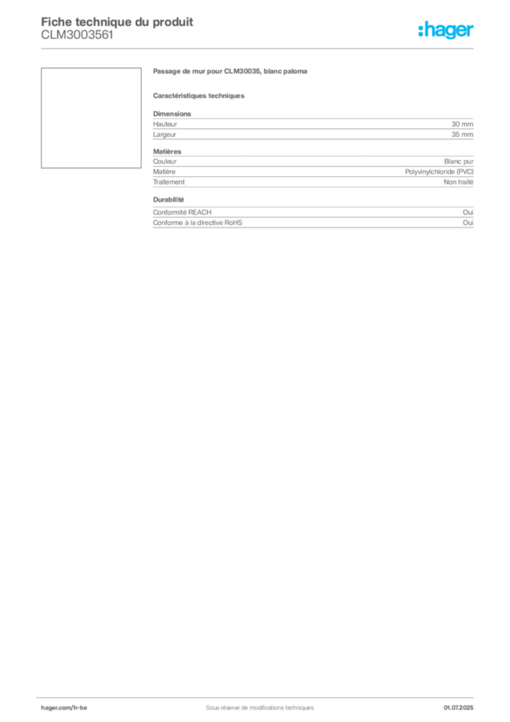 Image Hager Fiche technique du produit CLM3003561 | Hager Belgique