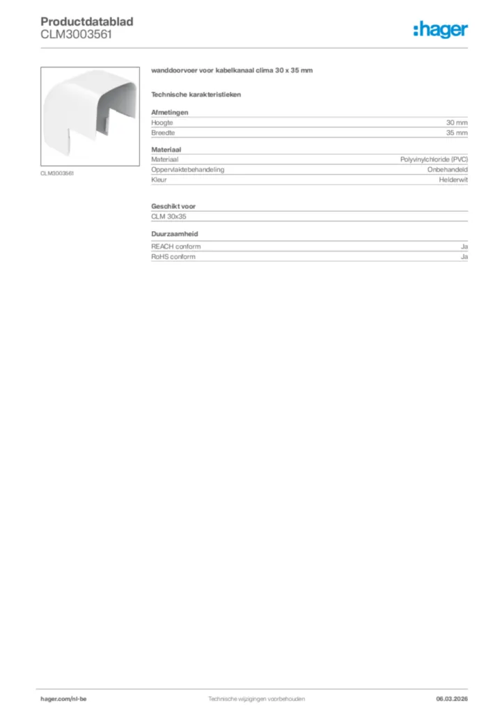 Afbeelding Hager Productdatablad CLM3003561 | Hager Belgium
