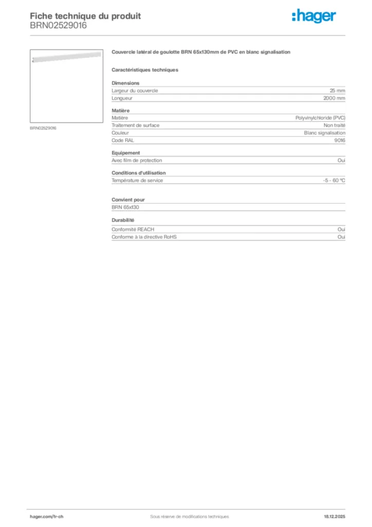 Image Hager Fiche technique du produit BRN02529016 | Hager Suisse