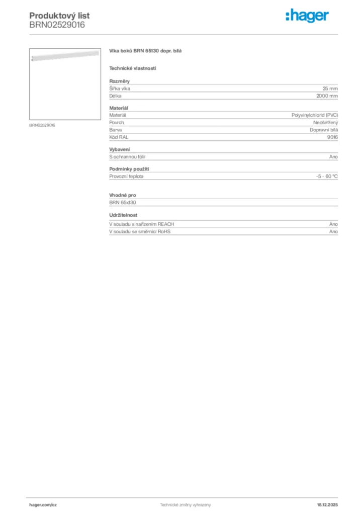 Obrázek Hager Produktový list BRN02529016 | Hager