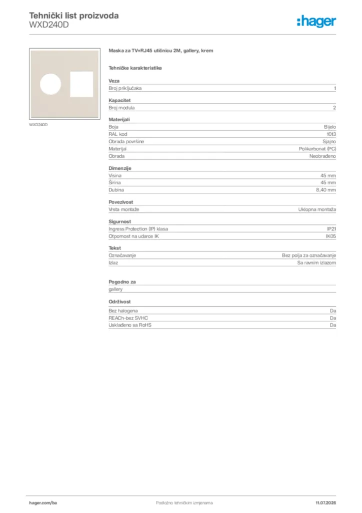 Slika Hager Tehnički list proizvoda WXD240D  | Hager