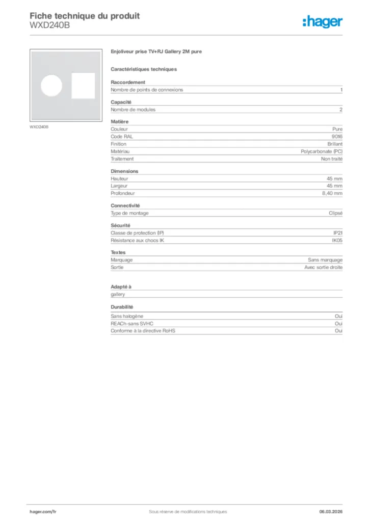 Image Hager Fiche technique du produit WXD240B | Hager France