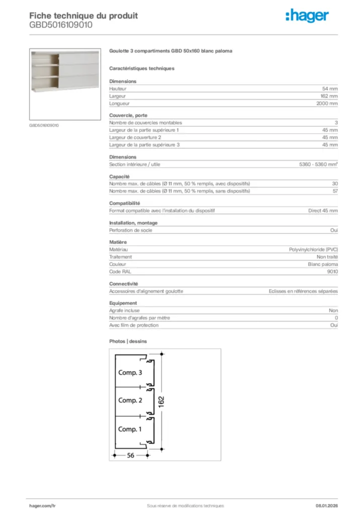 Image Hager Fiche technique du produit GBD5016109010 | Hager France