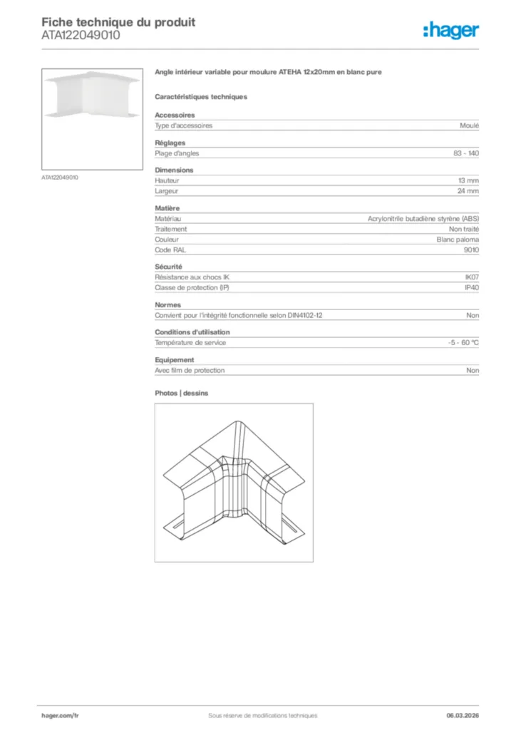 Image Hager Fiche technique du produit ATA122049010 | Hager France