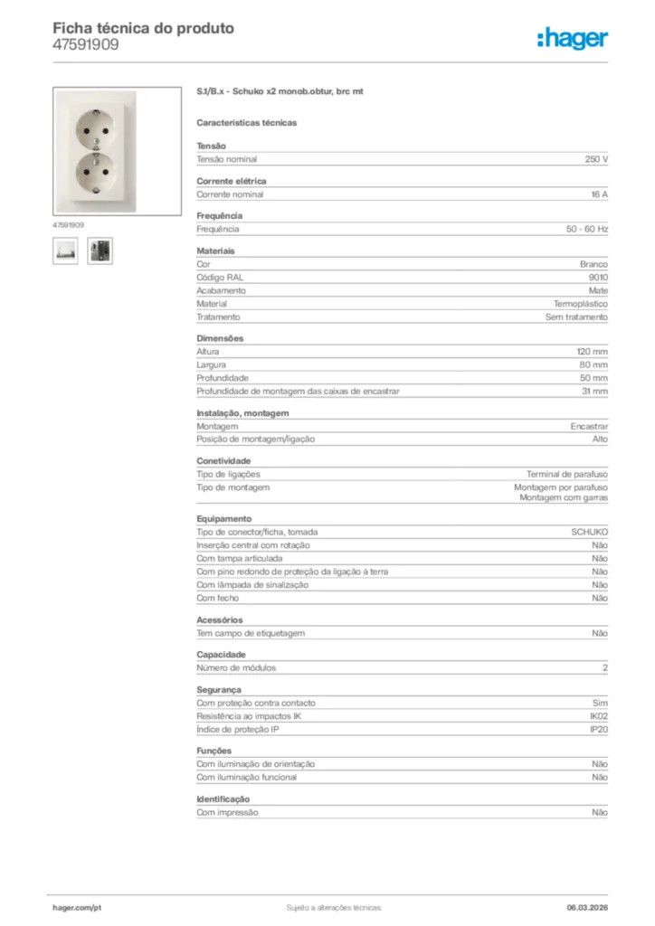 Imagem Hager Ficha técnica do produto 47591909 | Hager Portugal