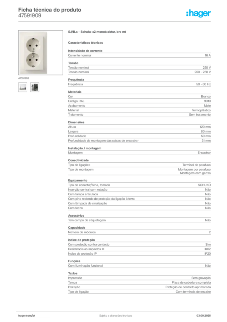 Imagem Hager Ficha técnica do produto 47591909 | Hager Portugal