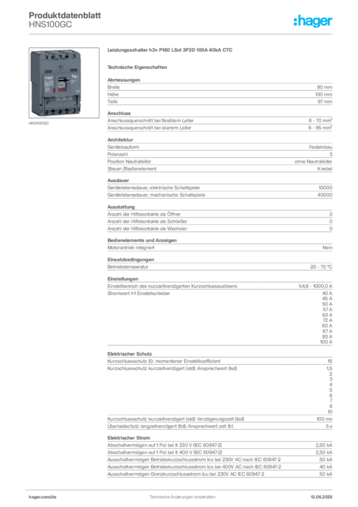 Bild Hager Produktdatenblatt HNS100GC | Hager Deutschland