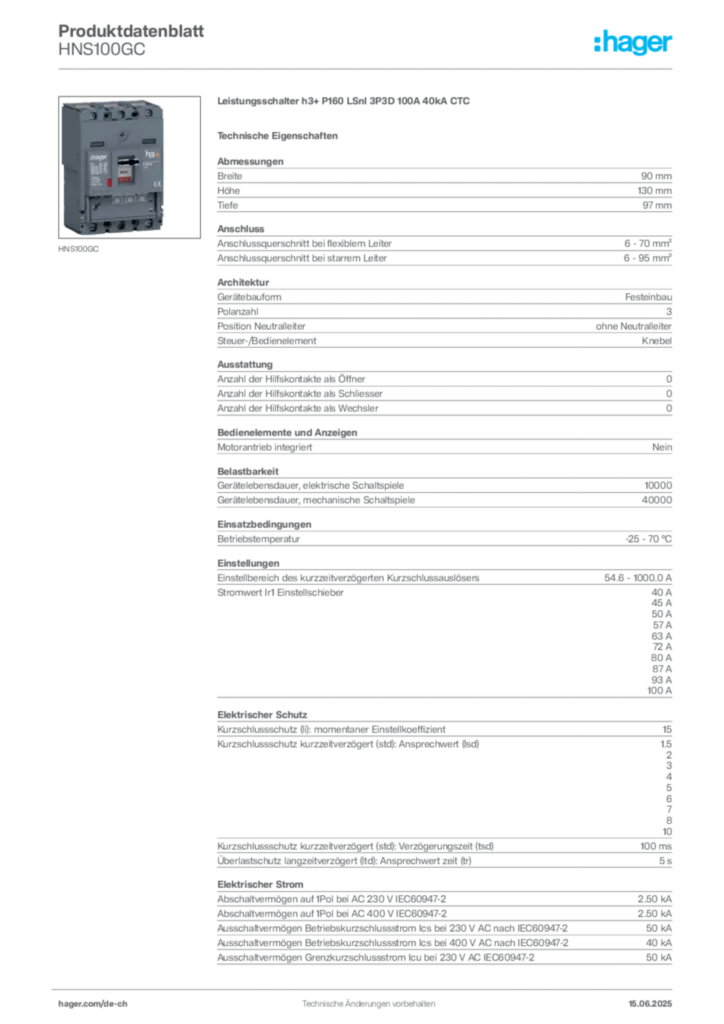 Bild Hager Produktdatenblatt HNS100GC | Hager Schweiz