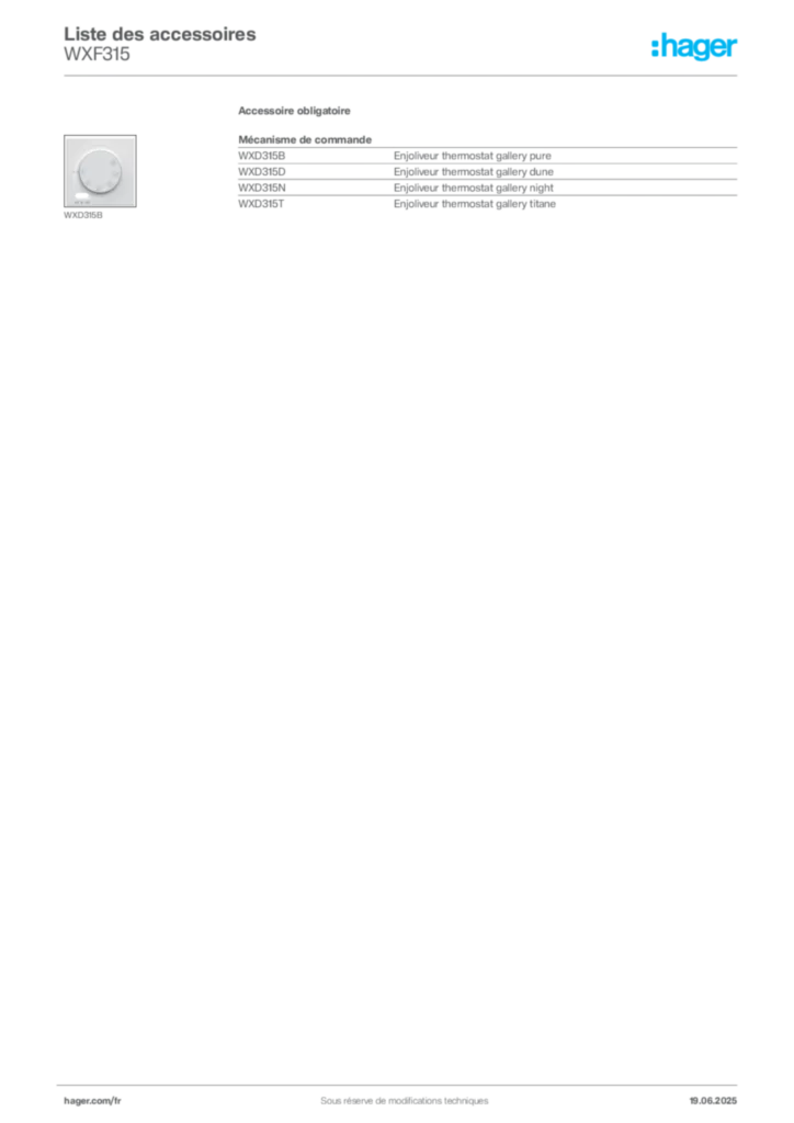 Image Hager Fiche technique du produit WXF315 | Hager France