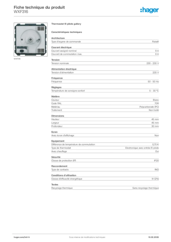 Image Hager Fiche technique du produit WXF316 | Hager Afrique