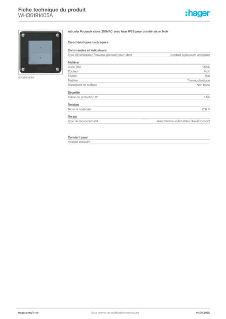 Image Hager Fiche technique du produit WH36191405A | Hager Suisse