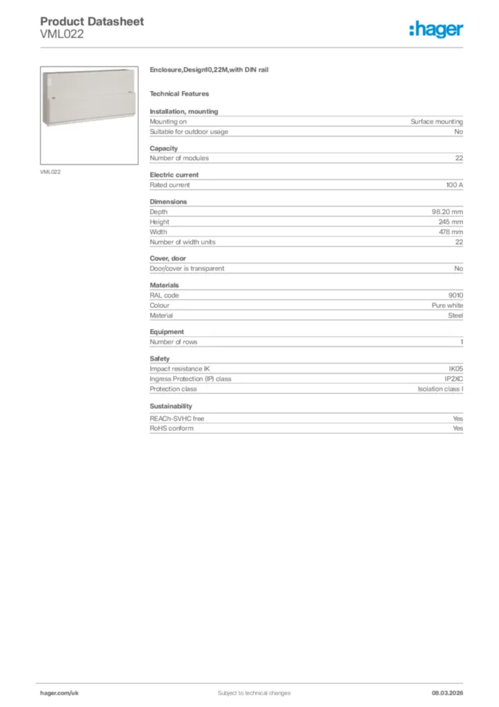 Image Hager Product data sheet VML022  | Hager