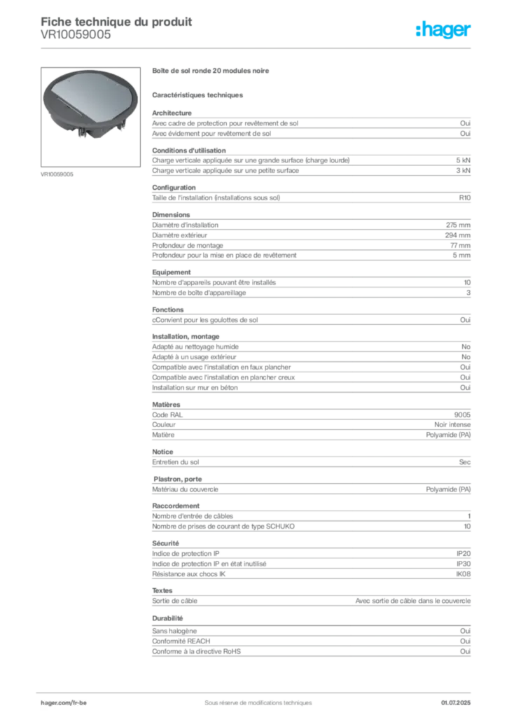 Image Hager Fiche technique du produit VR10059005 | Hager Belgique