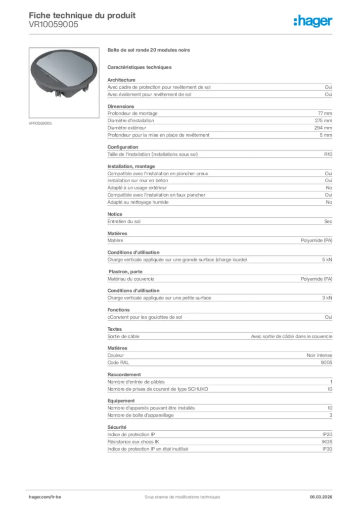 Image Hager Fiche technique du produit VR10059005 | Hager Belgique