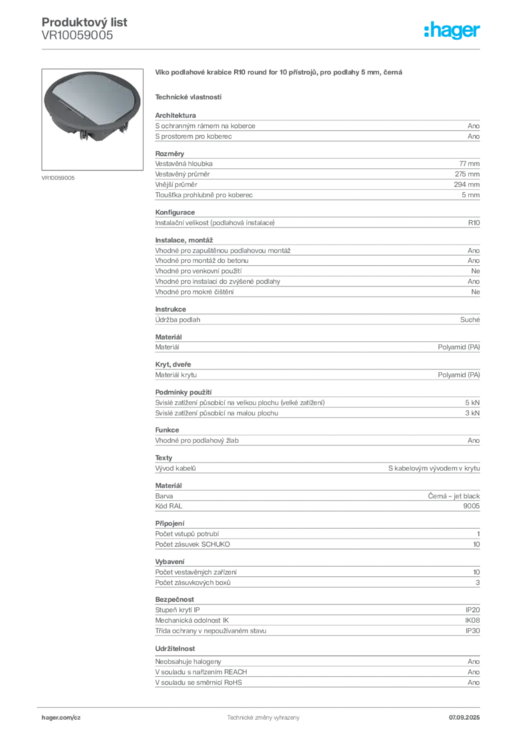 Obrázek Hager Produktový list VR10059005 | Hager