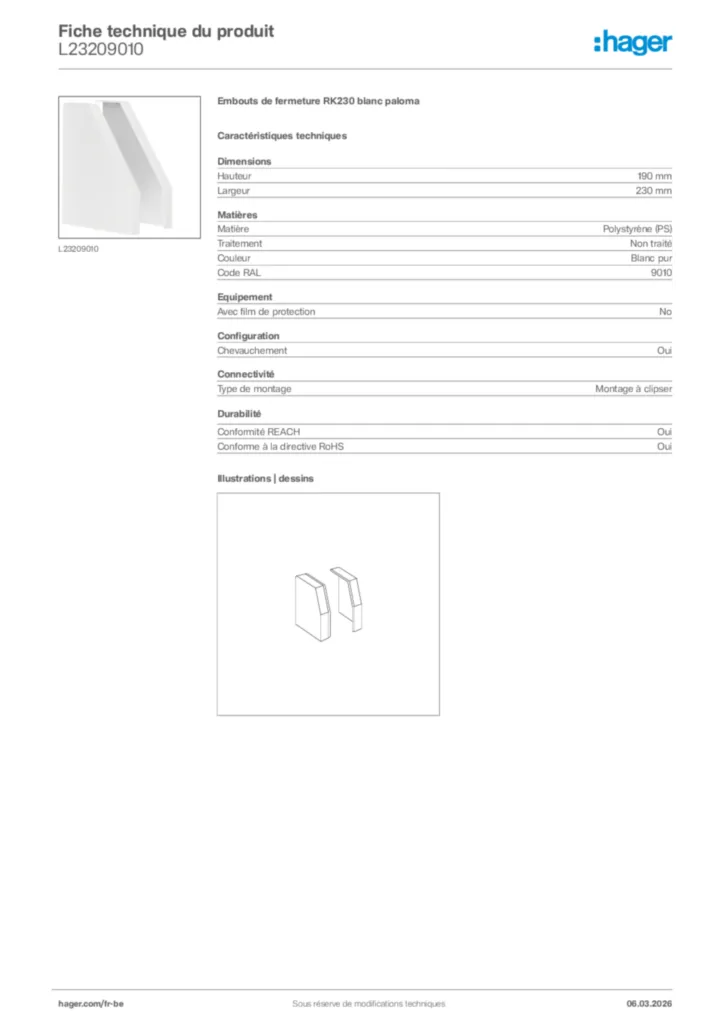 Image Hager Fiche technique du produit L23209010 | Hager Belgique
