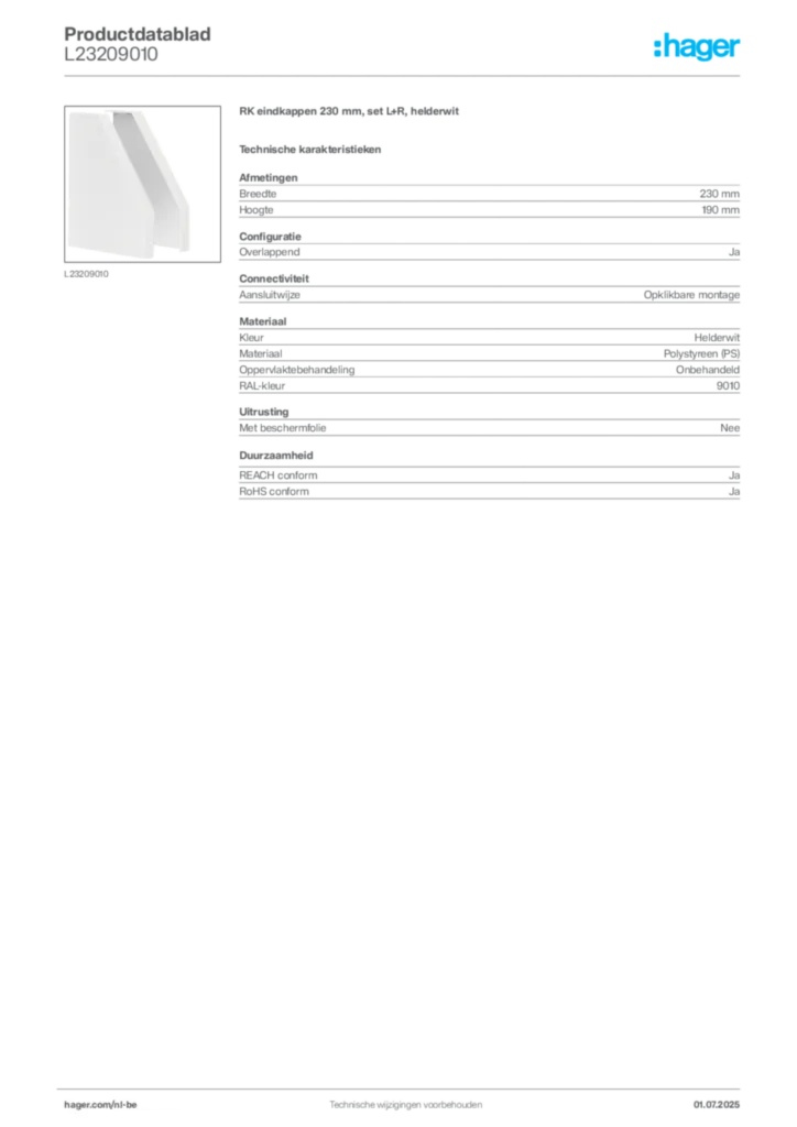 Afbeelding Hager Productdatablad L23209010 | Hager Belgium
