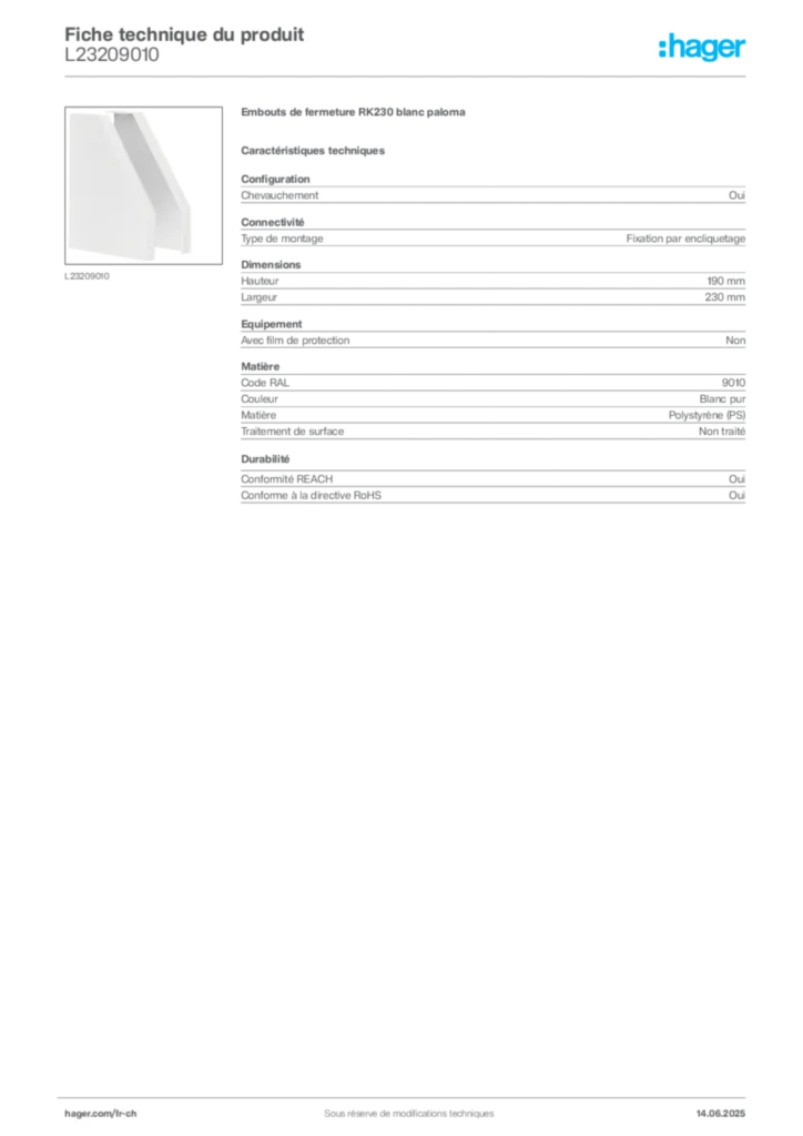 Image Hager Fiche technique du produit L23209010 | Hager Suisse