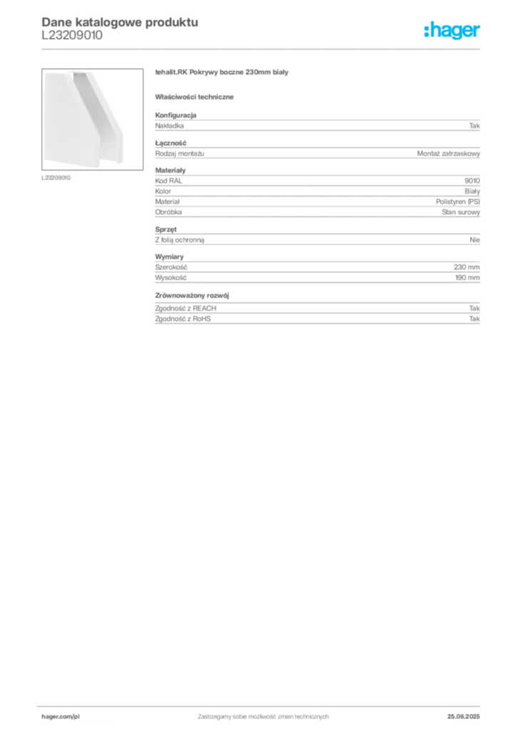 Zdjęcie Hager Karta katalogowa L23209010 | Hager Polska