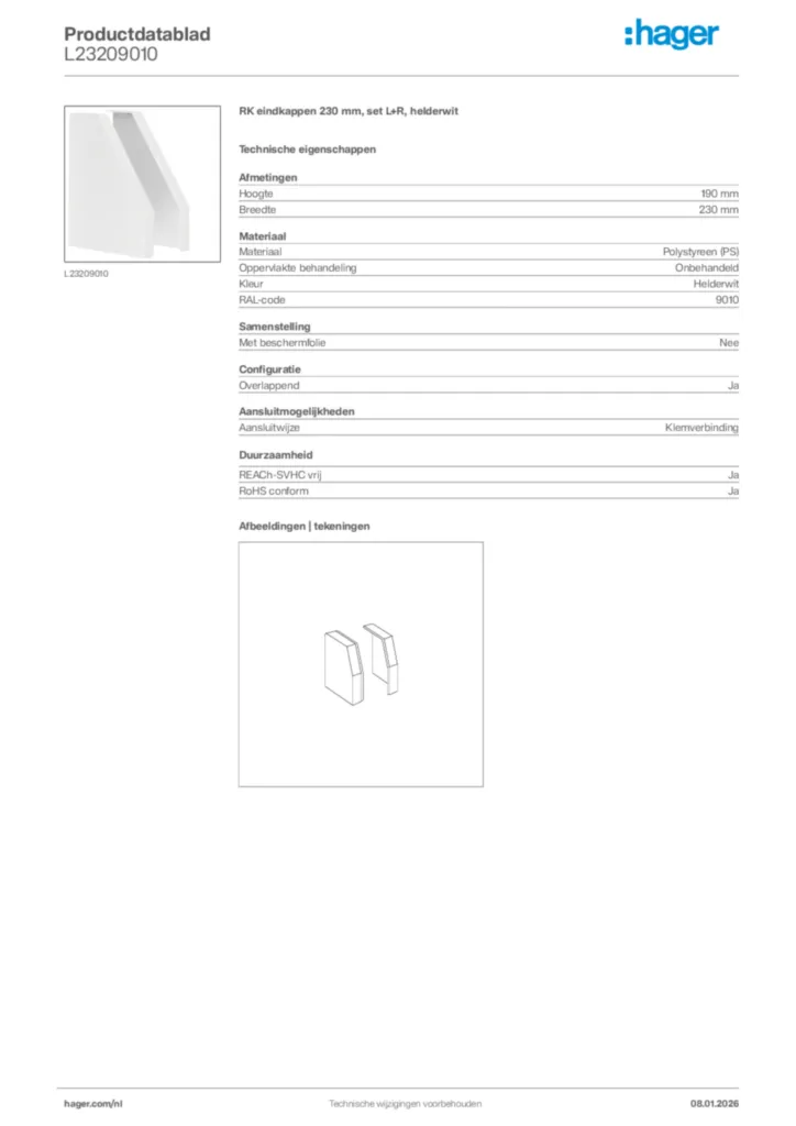 Afbeelding Hager Productdatablad L23209010 | Hager Nederland