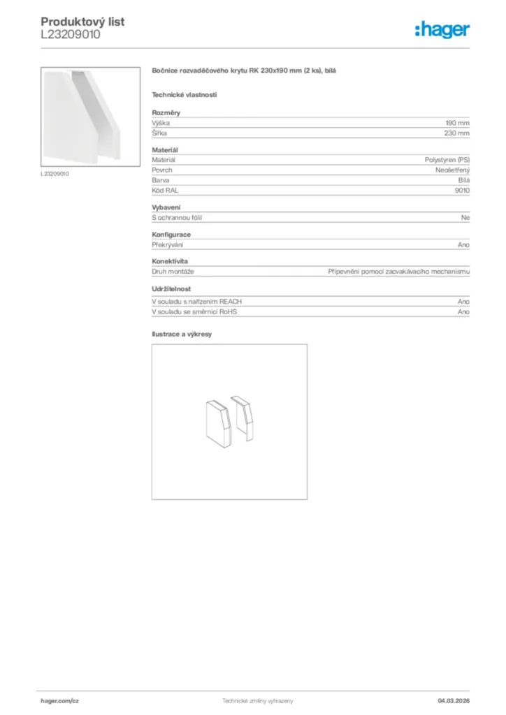 Obrázek Hager Product data sheet L23209010 | Hager