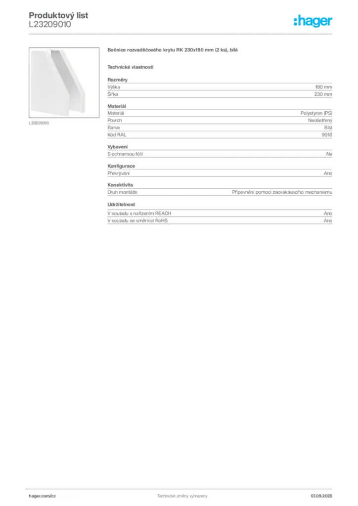 Obrázek Hager Produktový list L23209010 | Hager