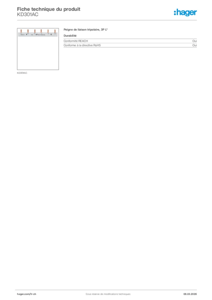Image Hager Fiche technique du produit KD301AC | Hager Suisse