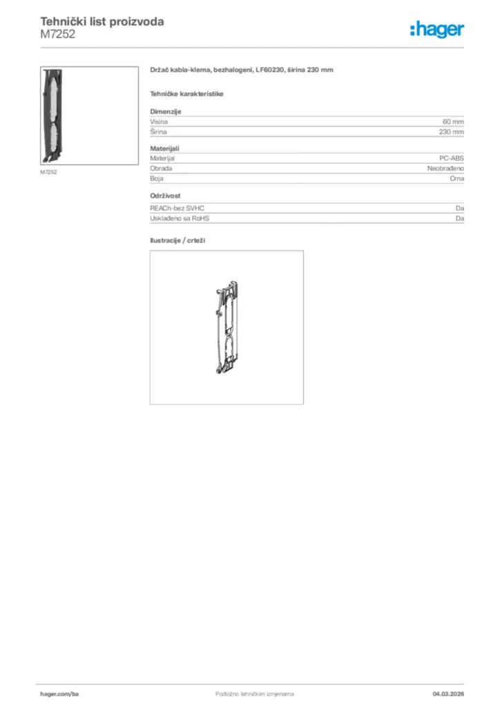 Slika Hager Tehnički list proizvoda M7252  | Hager