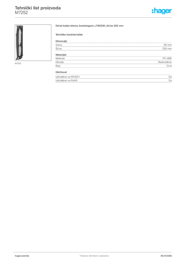 Slika Hager Product data sheet M7252  | Hager