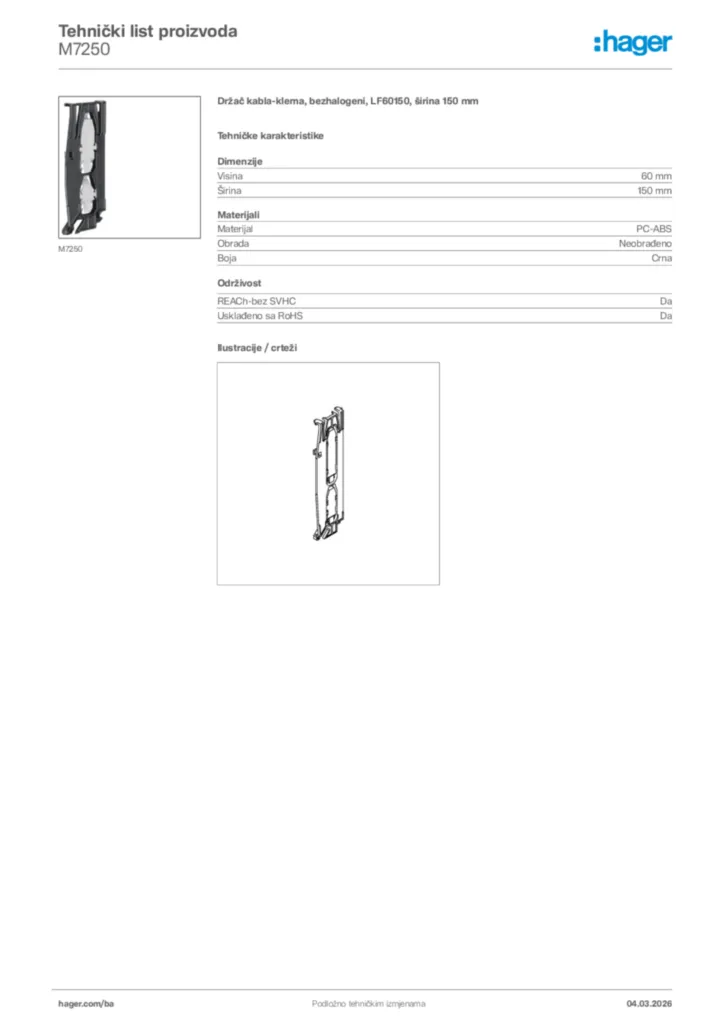 Slika Hager Tehnički list proizvoda M7250  | Hager