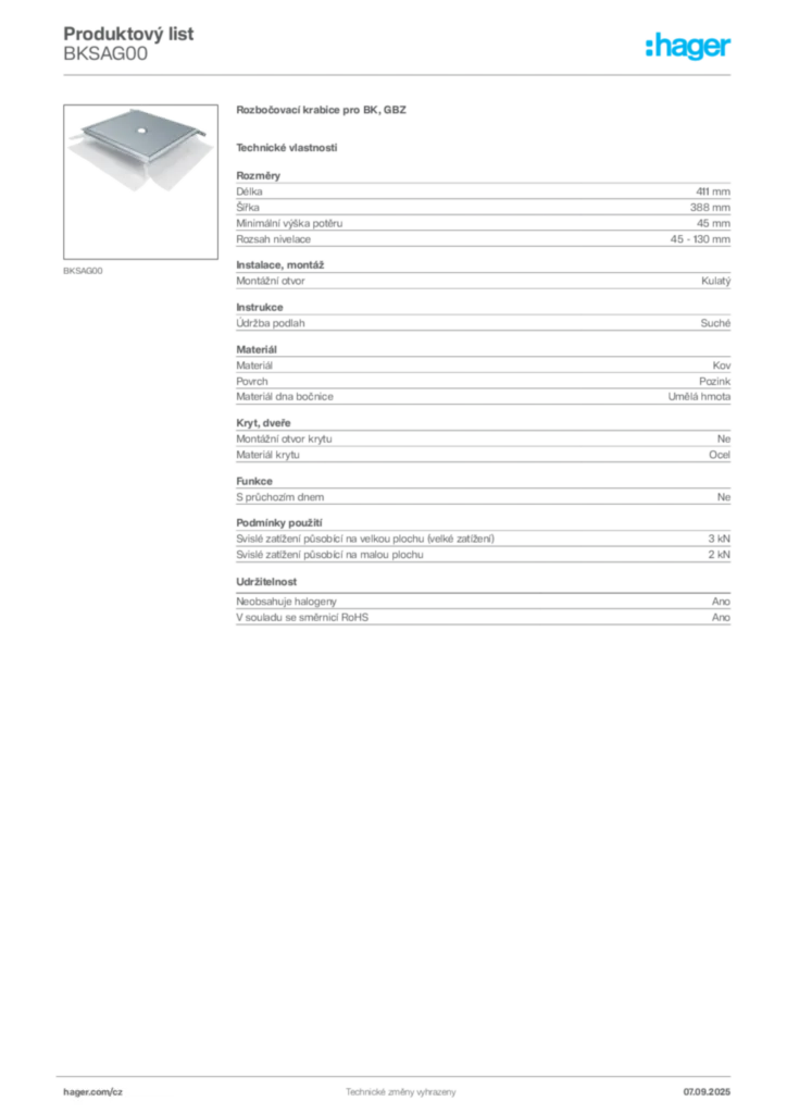 Obrázek Hager Produktový list BKSAG00 | Hager