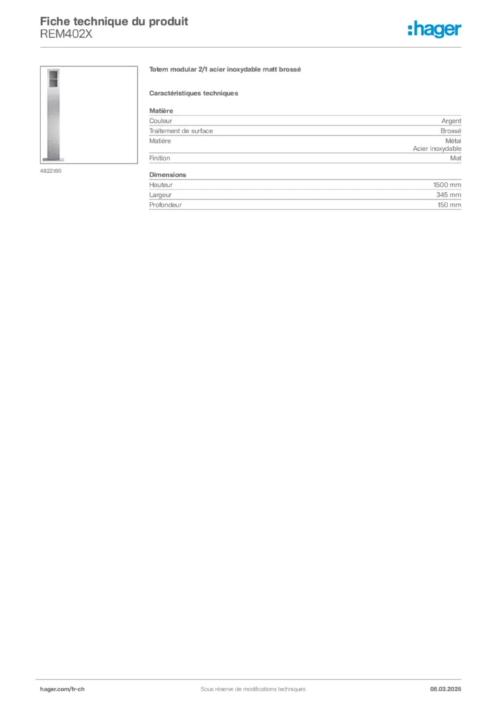 Image Hager Fiche technique du produit REM402X | Hager Suisse