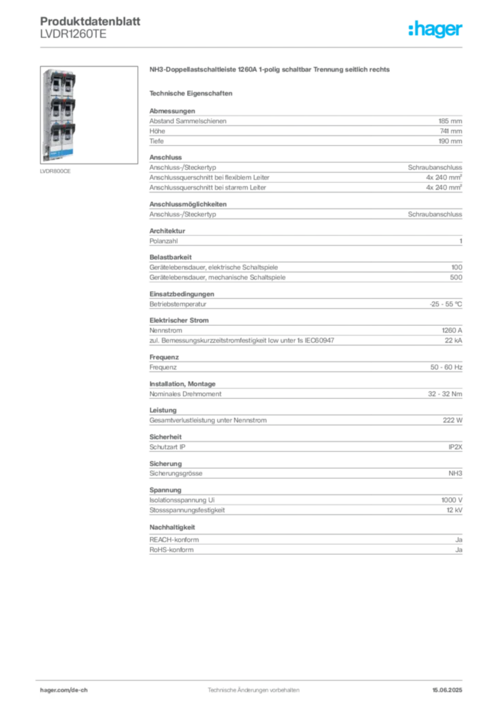 Bild Hager Produktdatenblatt LVDR1260TE | Hager Schweiz
