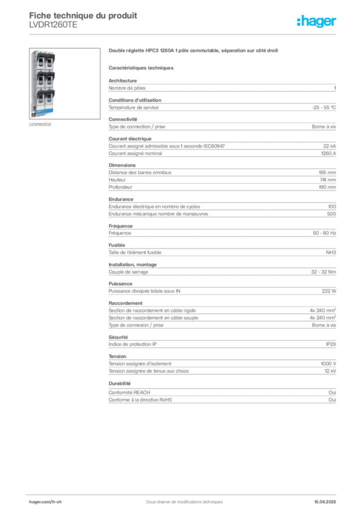 Image Hager Fiche technique du produit LVDR1260TE | Hager Suisse