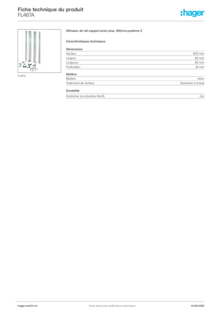 Image Hager Fiche technique du produit FL467A | Hager Suisse