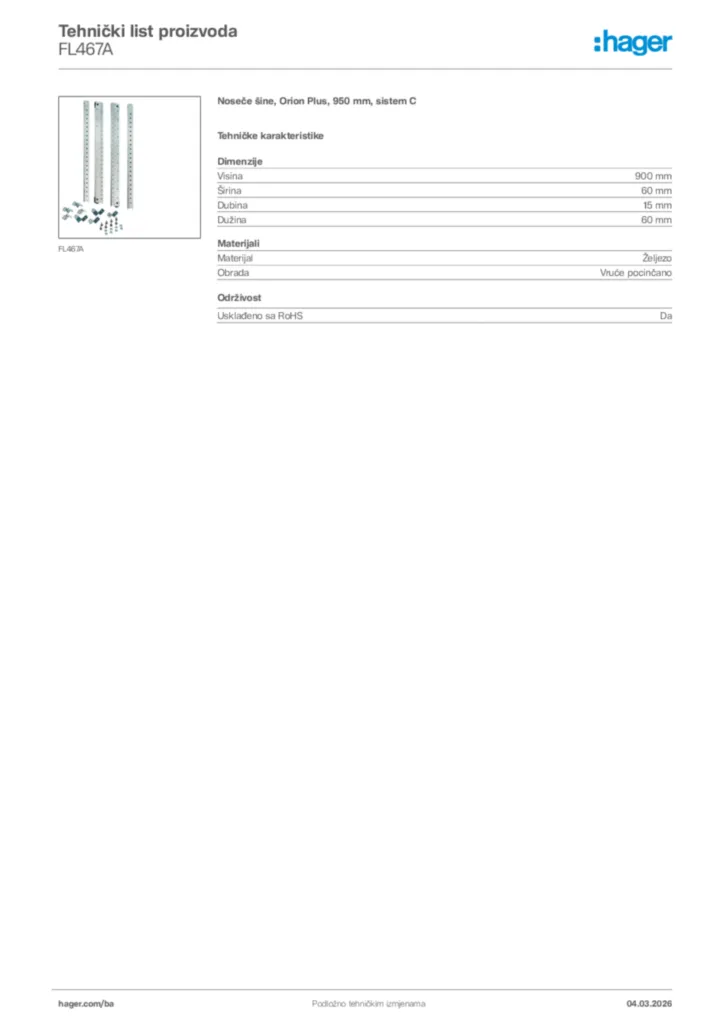 Slika Hager Tehnički list proizvoda FL467A  | Hager